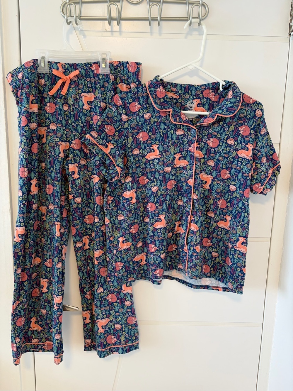 Woodland creature Navy Floral Pajama Set Pink Trim